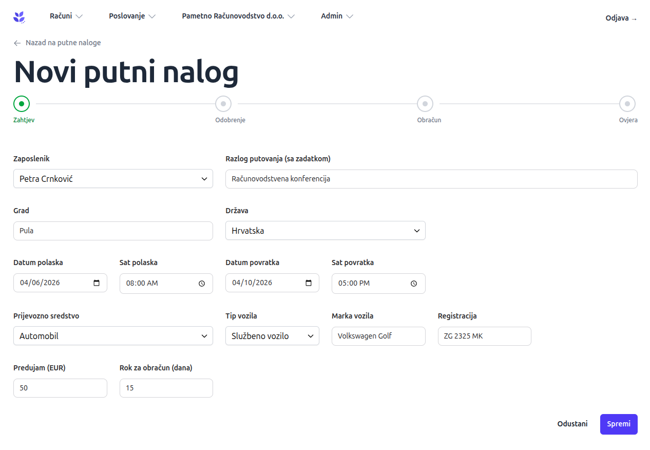 Kreiranje zahtjeva za putni nalog